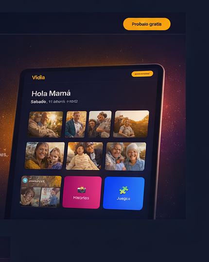 Vidia app mostrando fotos de familia, juegos y música